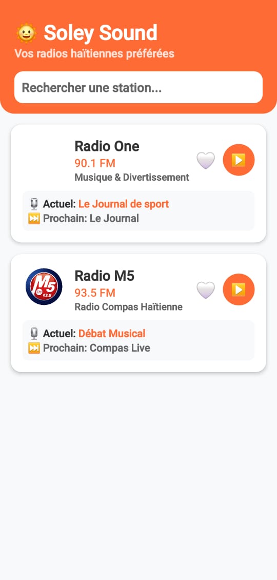 Application mobile Soley Sound accueil avec Radio One et Radio M5